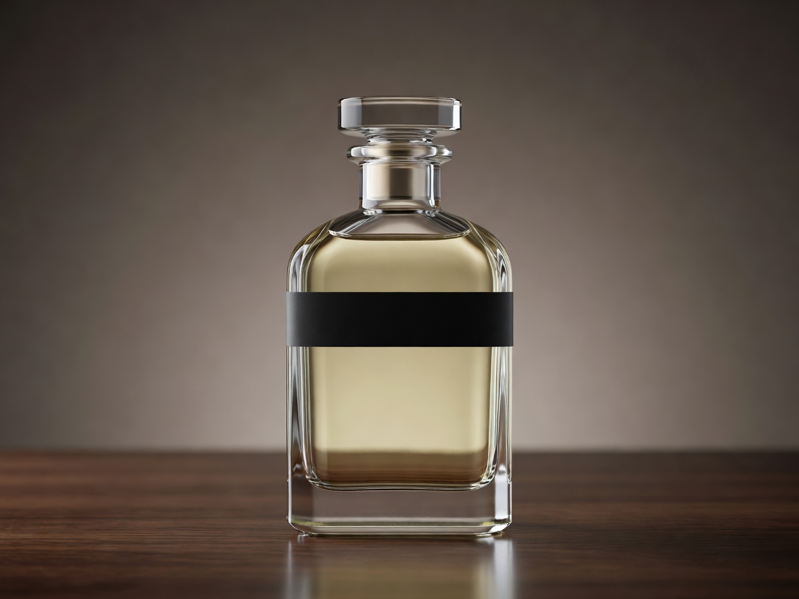 Elegant glass bottle of Floris London luxury niche cologne on polished dark wood