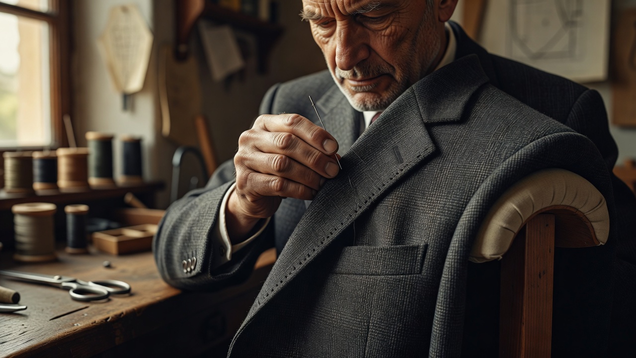 Master tailor crafting a bespoke jacket lapel with needle and thread