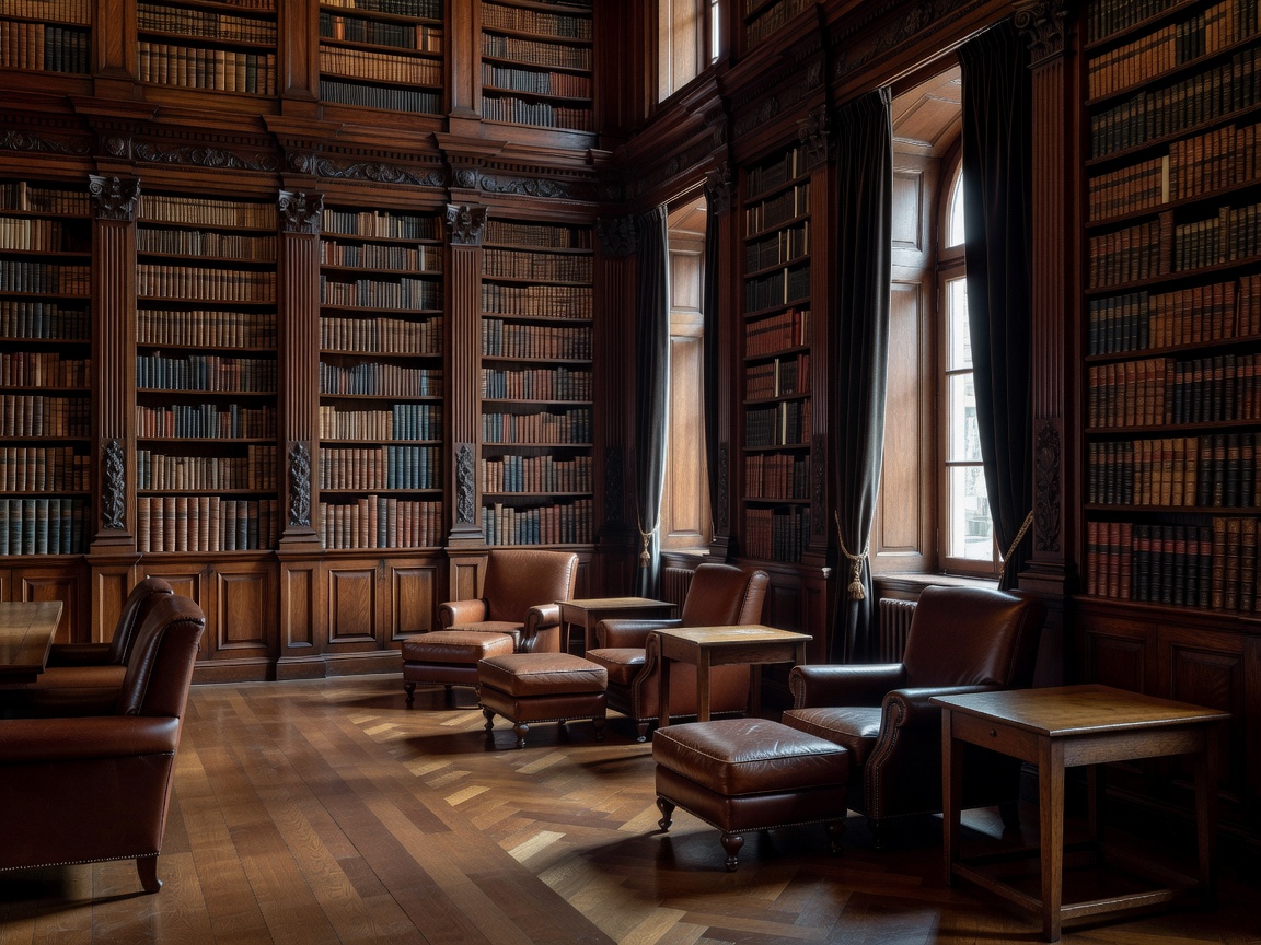 Sophisticated private estate library featuring warm mahogany paneling and leather bound books