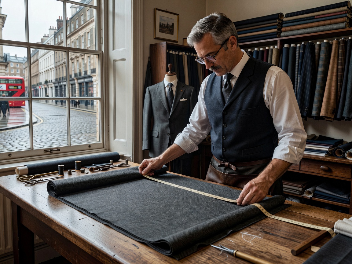 Master tailor meticulously measuring chalk stripe wool fabric on Savile Row London