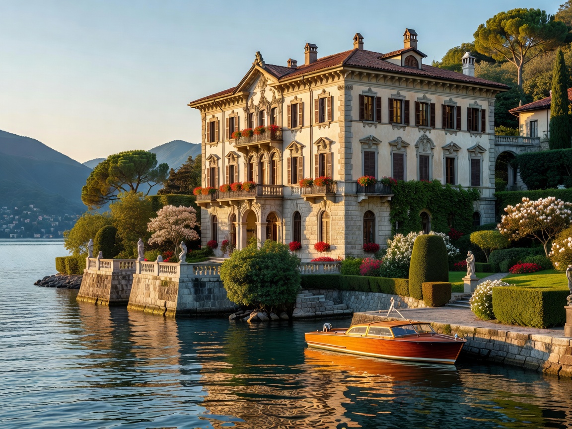Grand historic Villa d'Este palace hotel facade overlooking pristine Lake Como waters